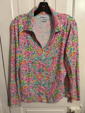 IBKÜL Long Sleeve 1/4 Zip Shirt Pink Turquoise Panther Leopard Print Large